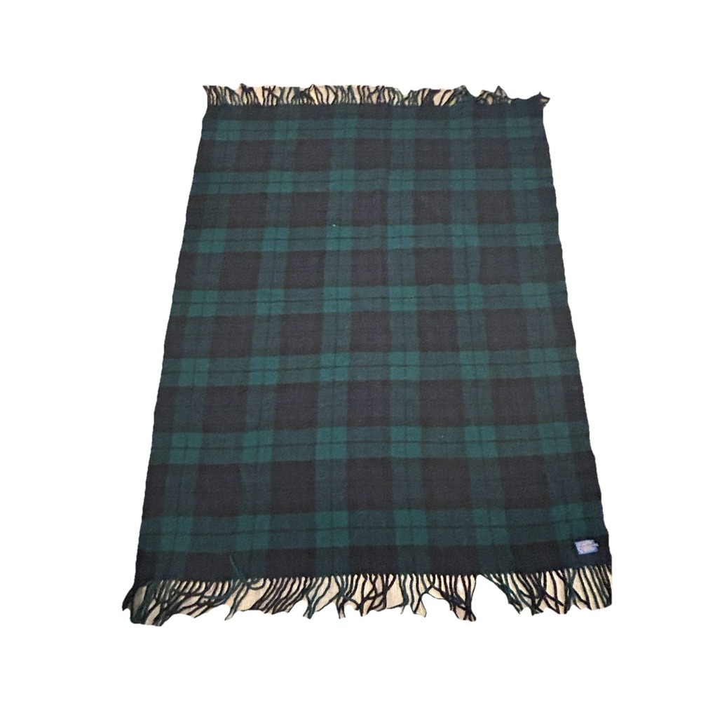 Vintage Wool Pendleton Black Watch Tartan Throw‎ Blanket Fringe Fabric Material